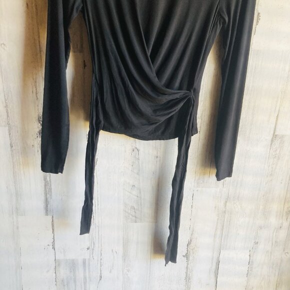 NWOT Three Dots Wrap Knit Top XS Black Tee Long Sleeve Sash Belted Jersey Knit - Picture 9 of 9